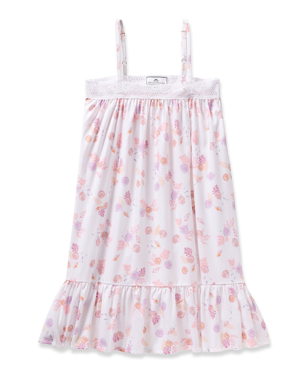 Enjoy the elegance of Petite Plumes Girls Twill Lily Nightgown in Seashell Splendor—a white sleeveless dress boasting pink and purple floral and fruit patterns, yarn-dyed cotton, a lacy trim top, and a ruffled hem for luxurious sleep.