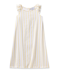 The Girls Twill Amelie Nightgown in Sunny Stripe by Petite Plume is a sleeveless cotton dress with yellow vertical stripes on white, featuring ruffled shoulders and a flowing design perfect for comfortable sleepwear.