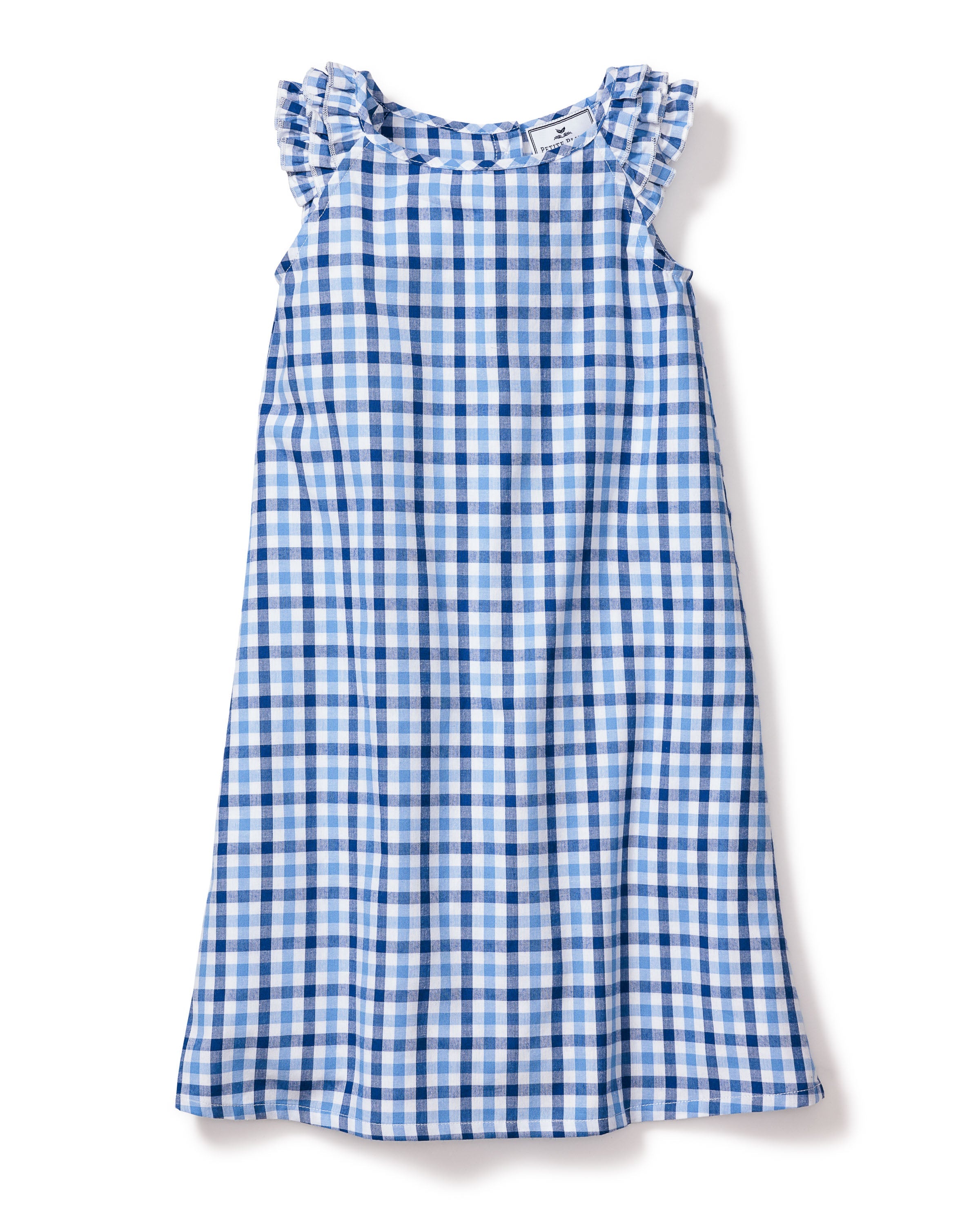 The Petite Plume Girl’s Twill Amelie Nightgown, in a royal blue gingham pattern with a ruffled neckline, is crafted from yarn-dyed cotton and displayed on a white background.