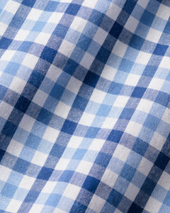 The Girls Twill Amelie Nightgown by Petite Plume showcases a royal blue gingham pattern with alternating light and dark yarn-dyed cotton squares. Soft and textured, this material offers gentle folds, ideal for cozy sleepwear.