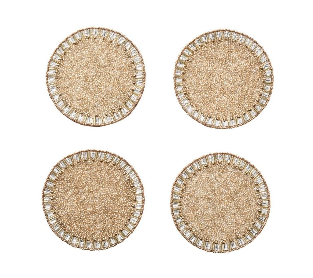 Top view of Bevel Drink Coasters in Gold & Silver, set of 4 showcasing round pavé bead pattern on white background