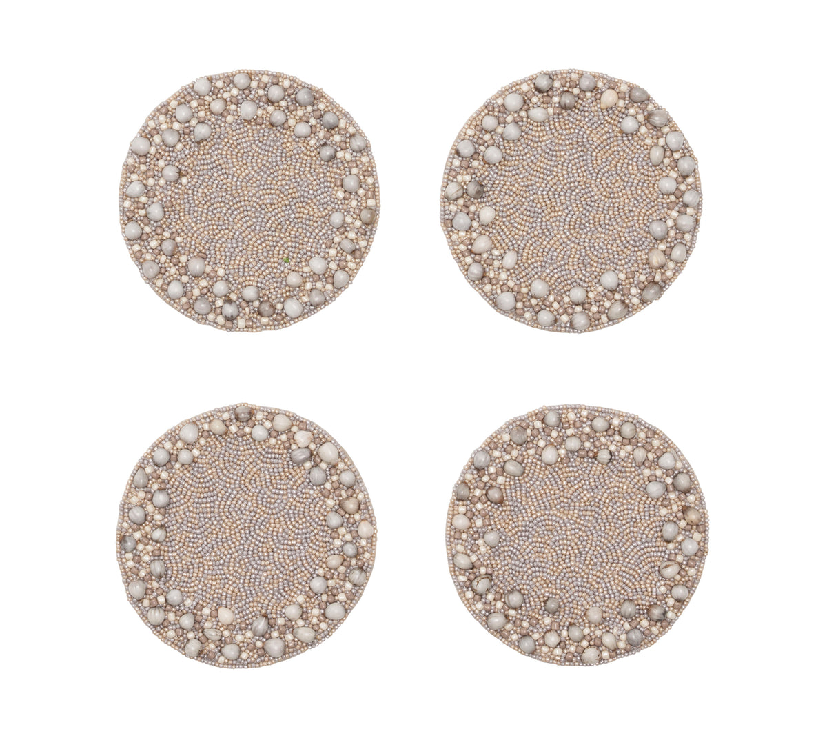 Top view of Zen Coasters in Gray and Taupe, Set of 4 showcasing hand-applied glass and wood beads on a white background