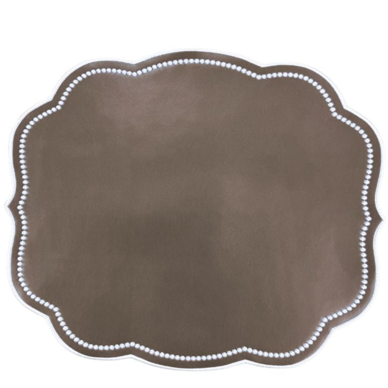 Decorative brown vegan leather placemat with white embroidered scalloped edge 