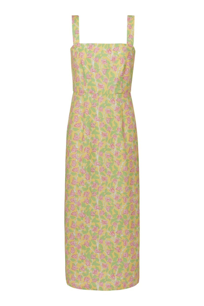 Long Slip Dress in Yellow with Pink Bougainvillea