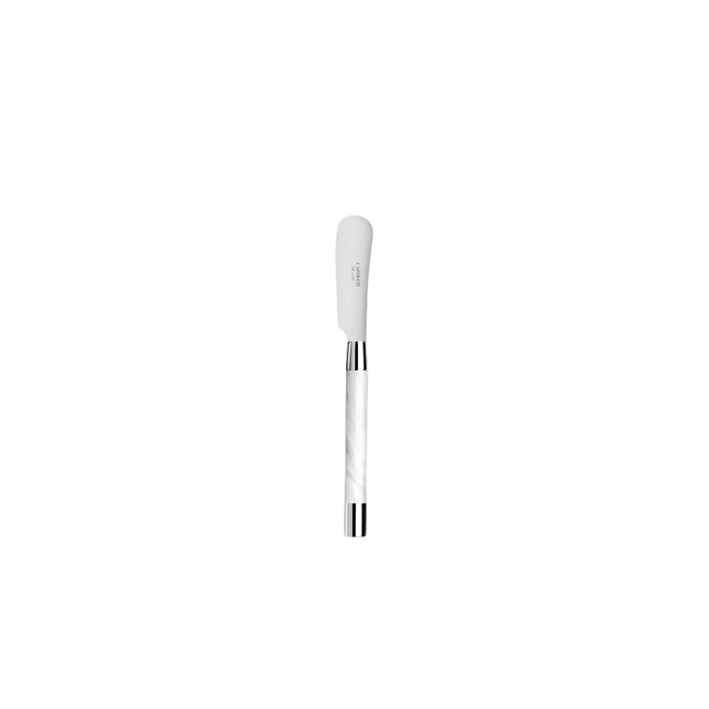 Vertical view of Conty butter spreader with white acrylic handle, chrome plated bolster, and stainless steel blade on white background
