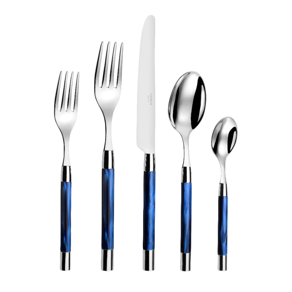Front view of Conty 5-piece place setting showing stainless steel flatware with blue marbled acrylic handles and chrome-plated bolsters on white background