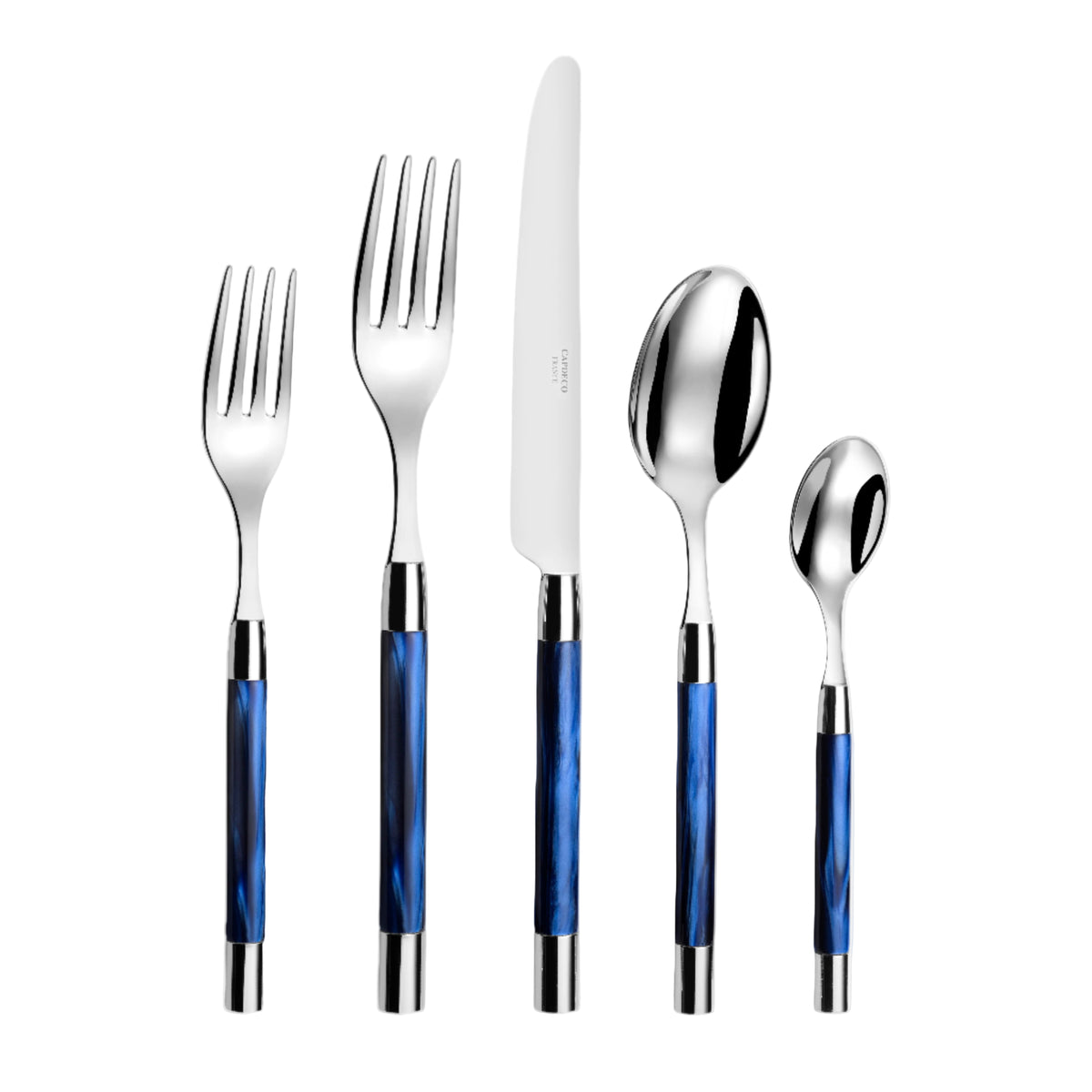 Front view of Conty 5-piece place setting showing stainless steel flatware with blue marbled acrylic handles and chrome-plated bolsters on white background