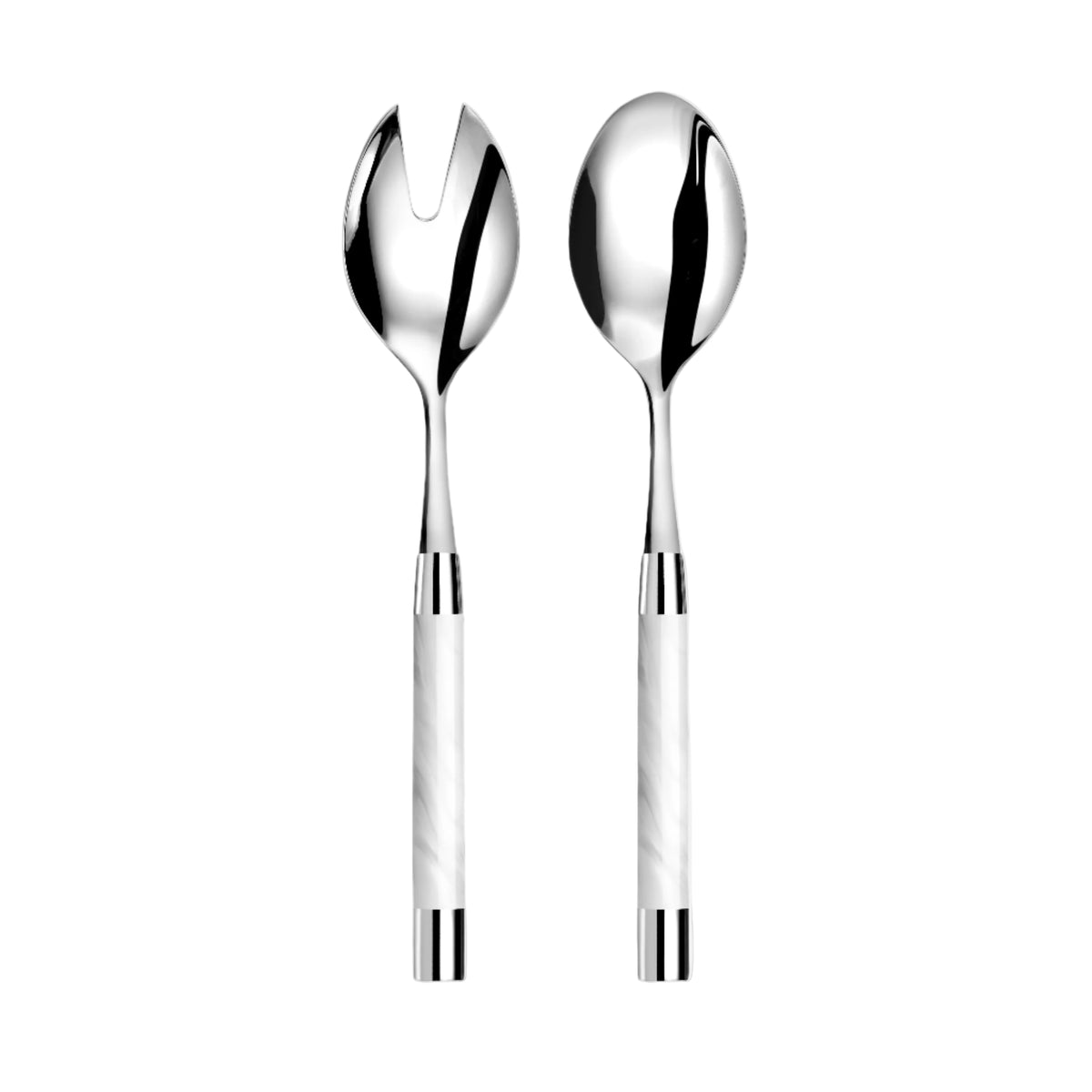 Front view of Conty salad servers showing a fork and spoon with white acrylic handles on a white background