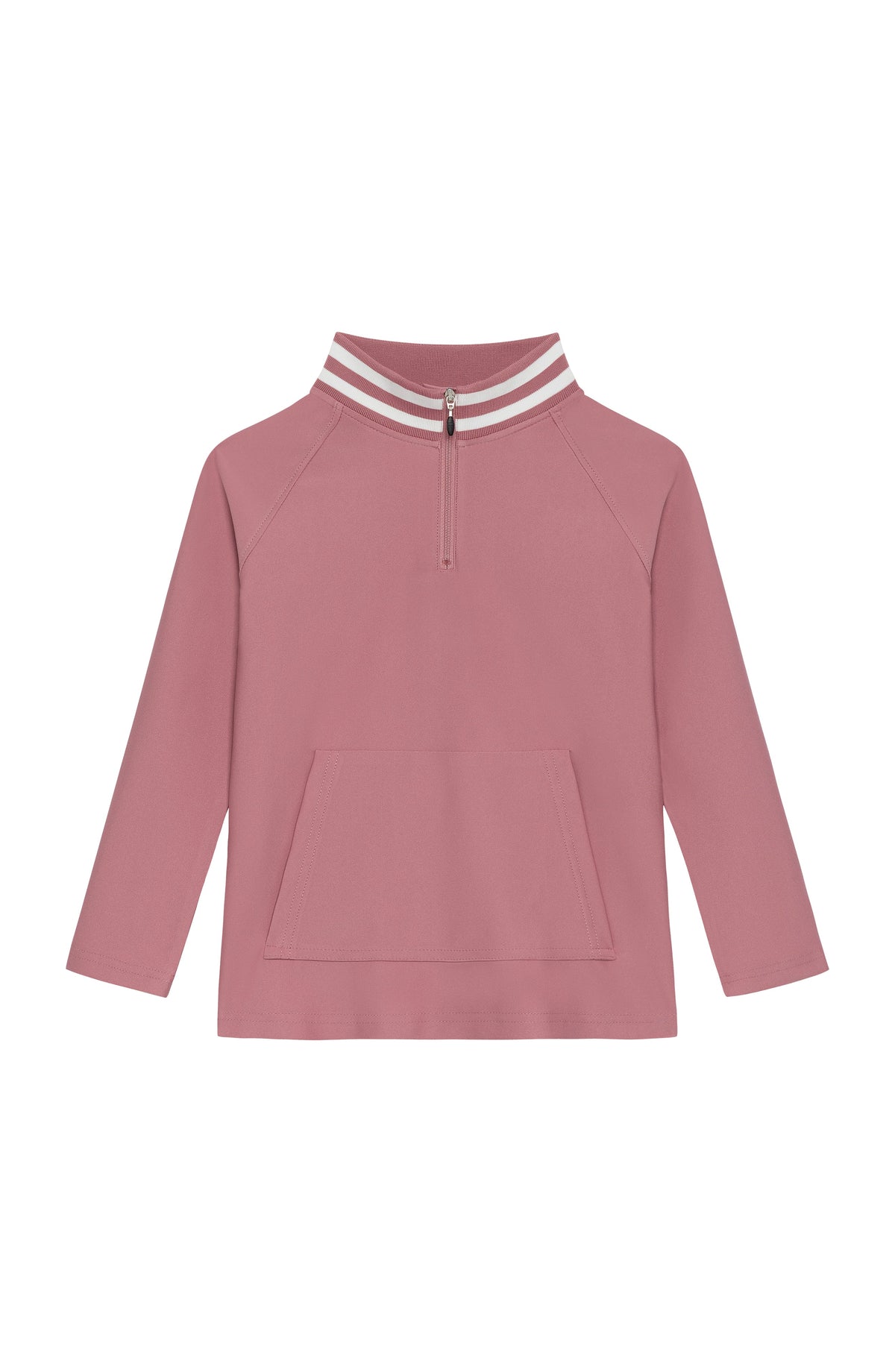 Front view of half-zip sweatshirt in dusty pink showcasing striped mock collar, short zipper, and kangaroo pocket on white background