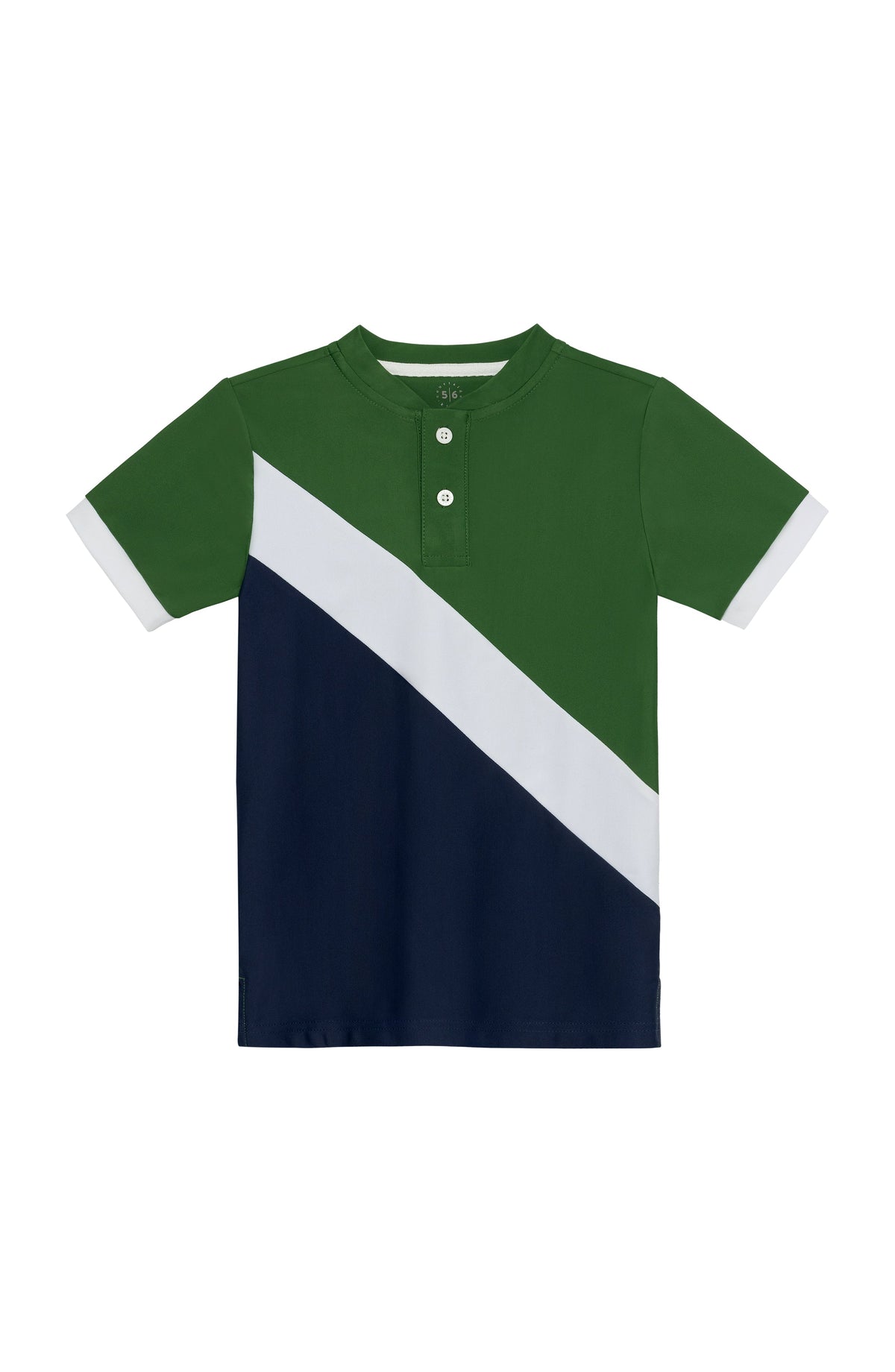 Front view of Cross-Court Blade Shirt with diagonal green, white, and navy colorblock, blade collar, two-button placket, and white cuffs