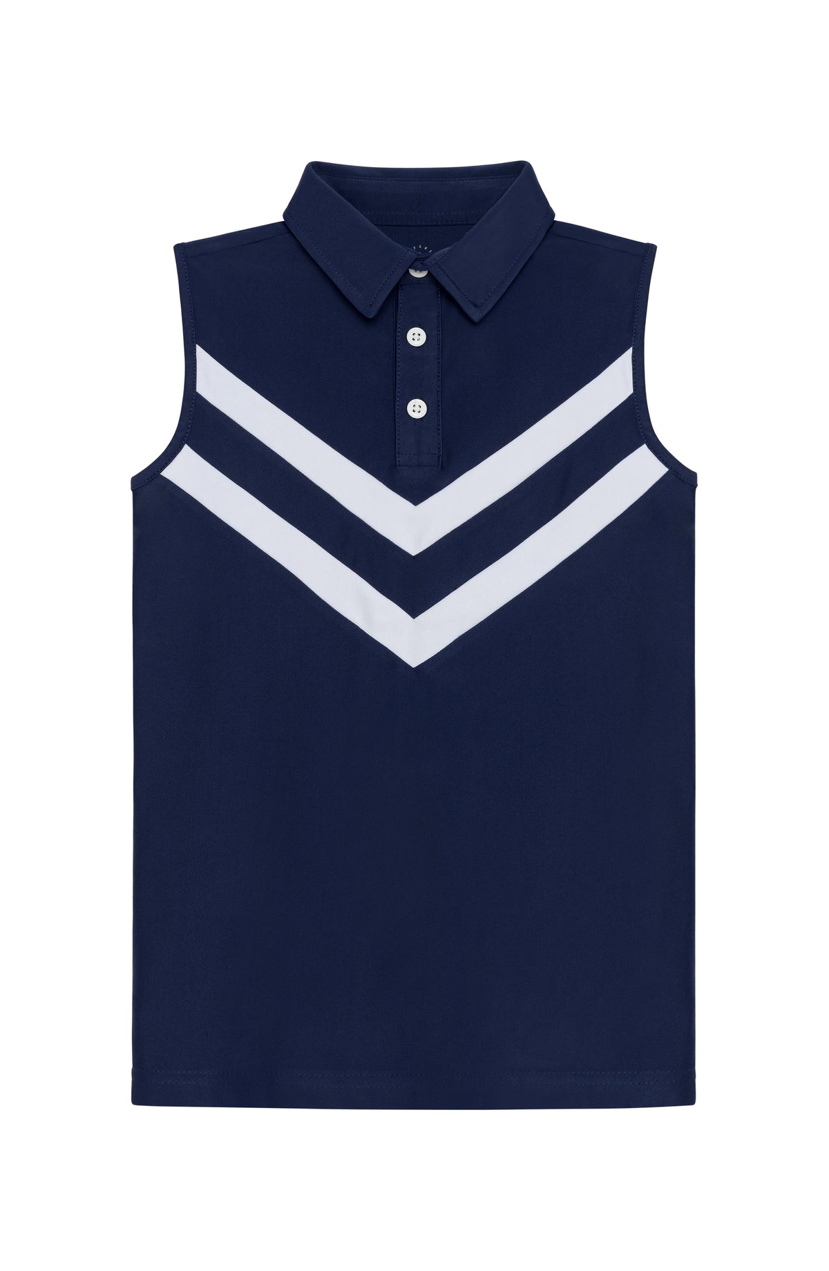 Front view of Cheer Top in navy showcasing sleeveless collared polo with white chevron V-stripes and three-button placket