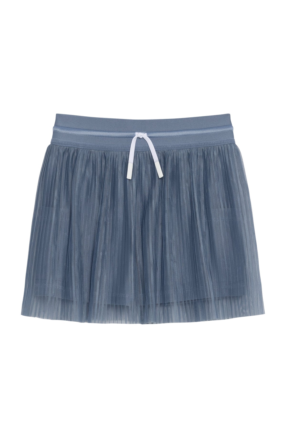 Front view of Pleated Skort in Slate showing mesh overlay and elastic waistband with white drawstring on white background