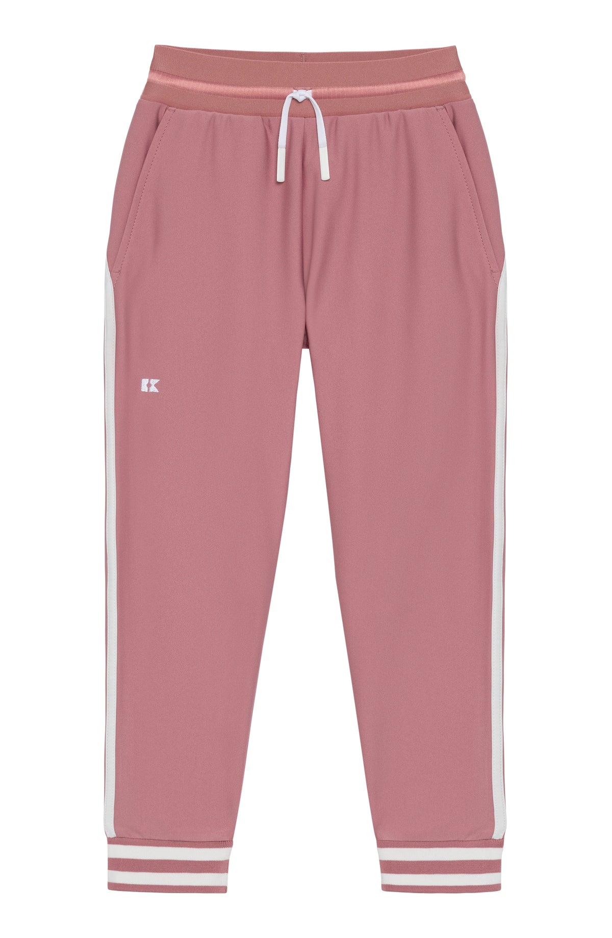 Front view of Warm-Up Jogger in Dusty Pink showing white side stripes, drawstring waist, and ribbed ankle cuffs on white