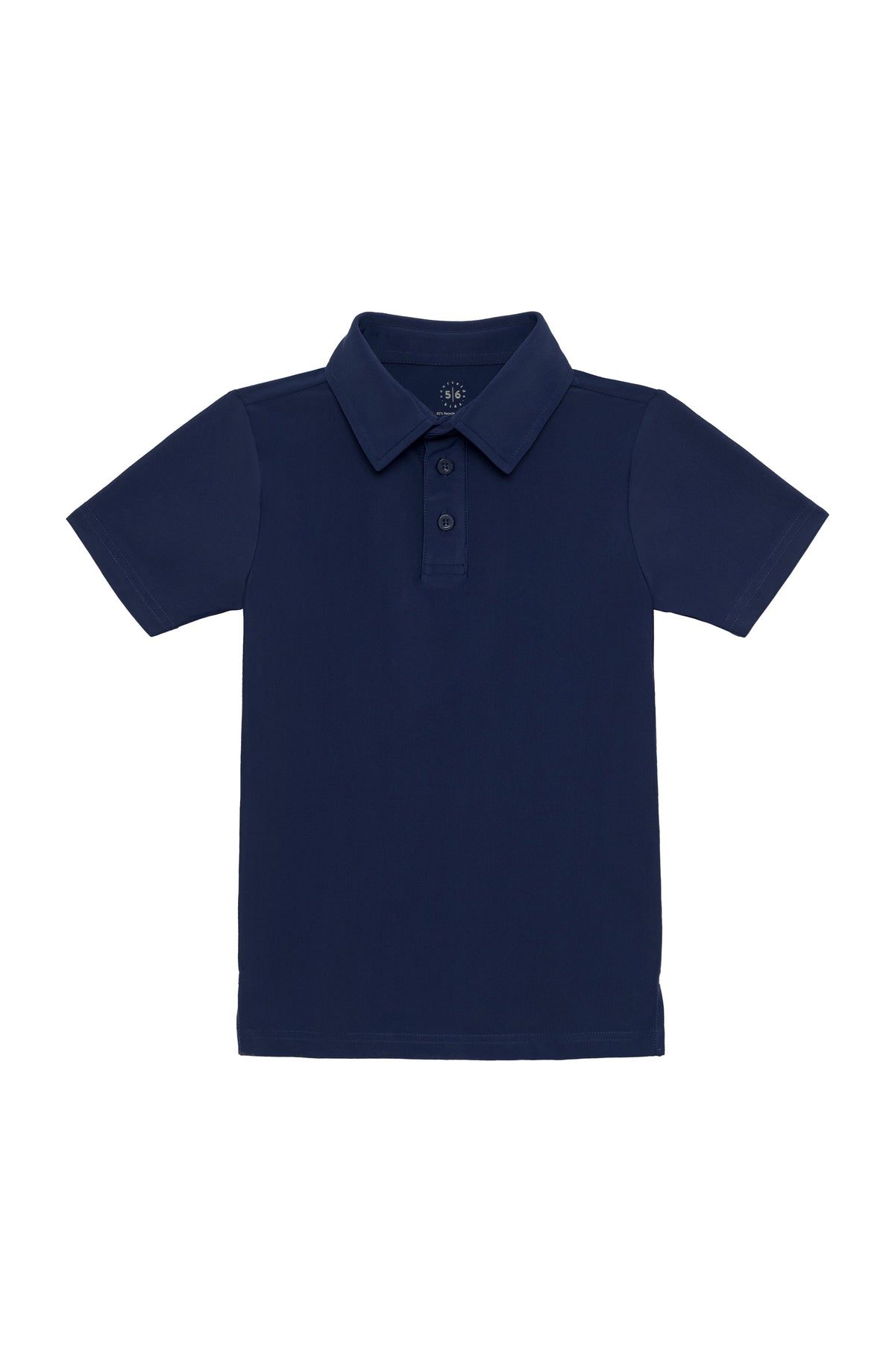 Flat-lay of navy kids polo shirt showing short sleeves, three-button placket, and classic collar on white background