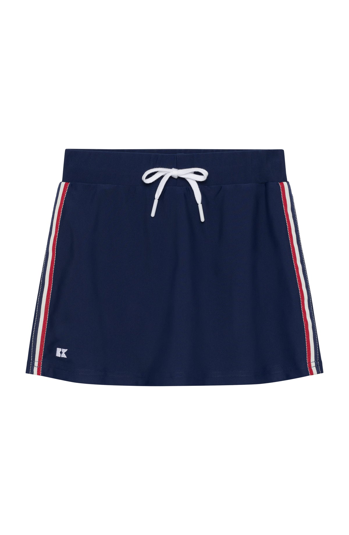 Front flat lay of Liberty Love skort showcasing white drawstring waist, red-white-blue side stripes, and small logo on white background