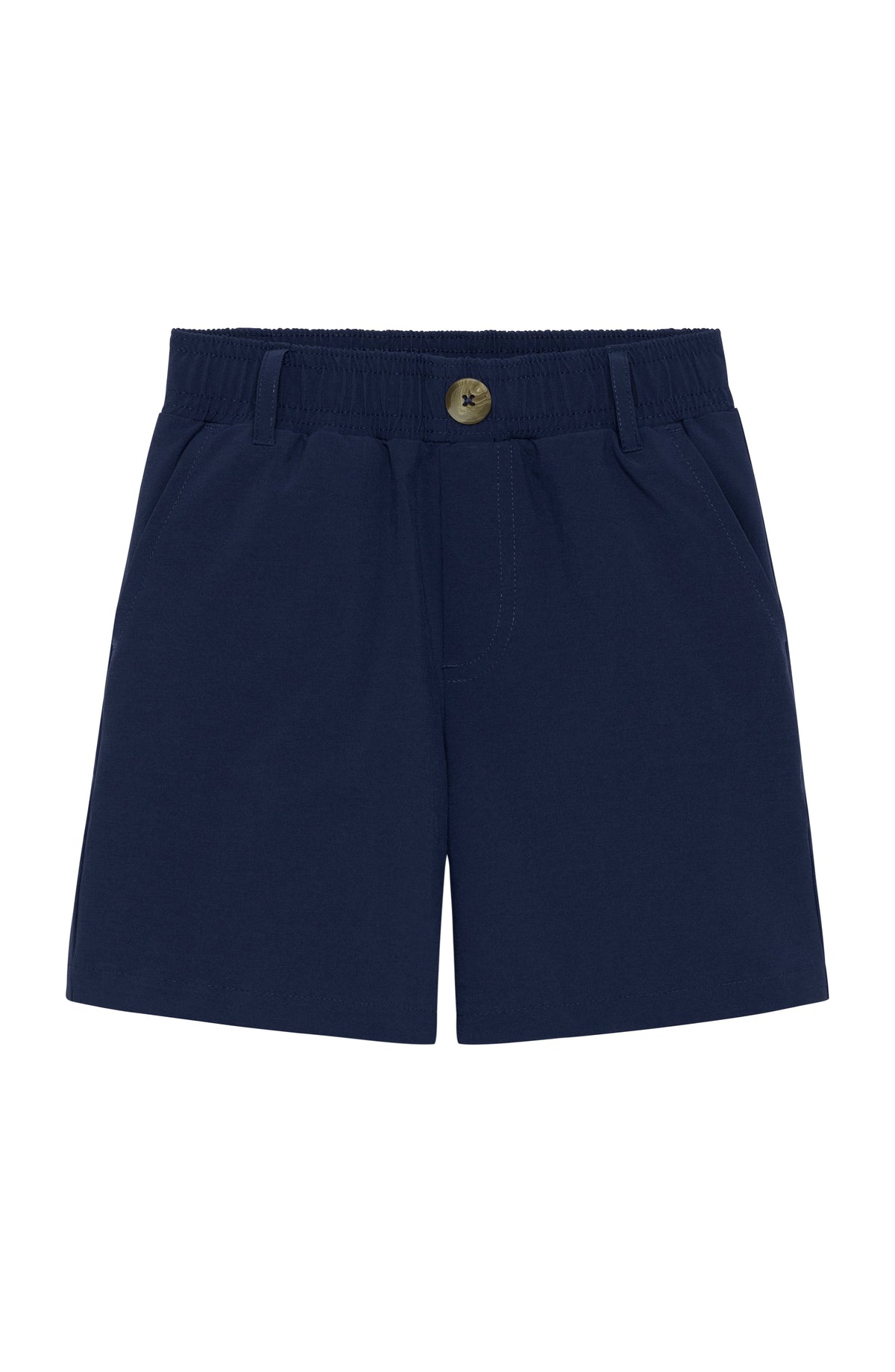 Front view of kids’ navy dress shorts showing elastic waistband with button, belt loops, and side pockets on white background