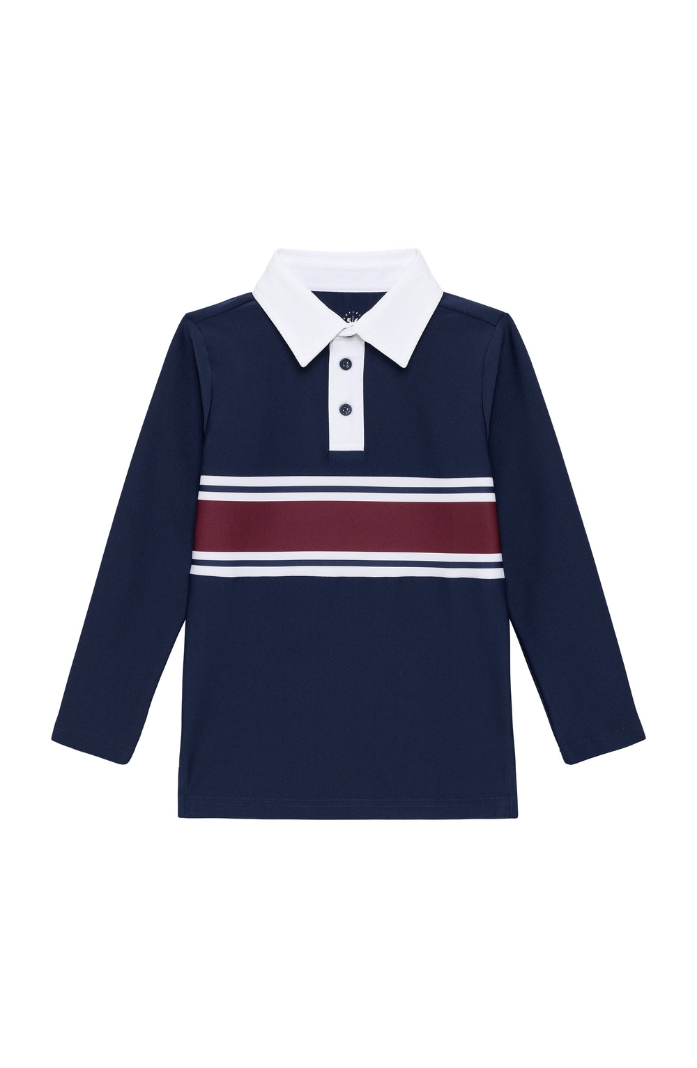 Front view of navy kids long-sleeve rugby polo with white collar and maroon and white letterman stripe on white background