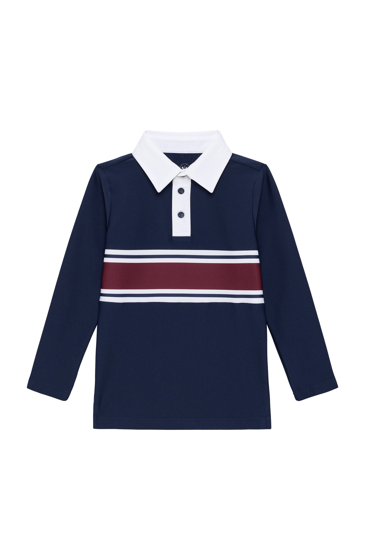 Front view of navy kids long-sleeve rugby polo with white collar and maroon and white letterman stripe on white background