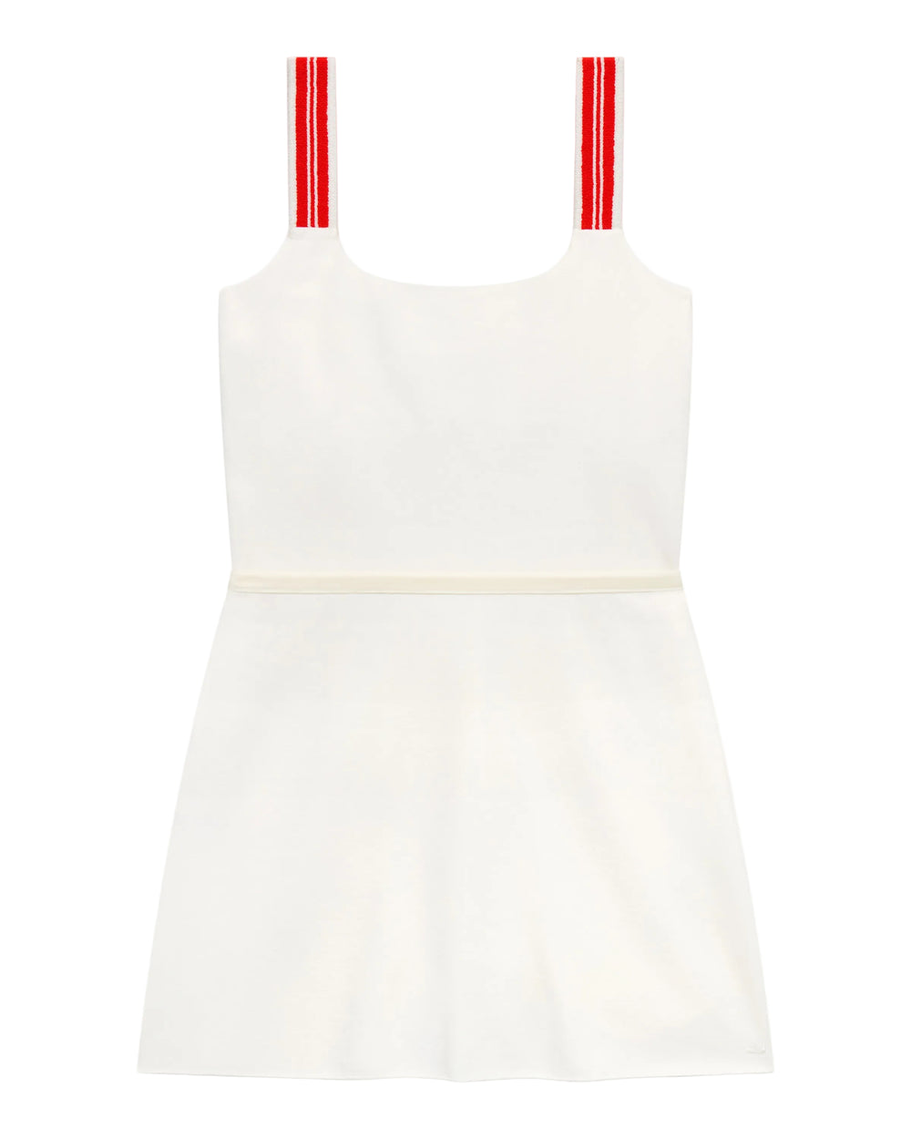 Front view of Court Stretch Dress in Tennis White showcasing striped straps and fit-and-flare silhouette on a white background