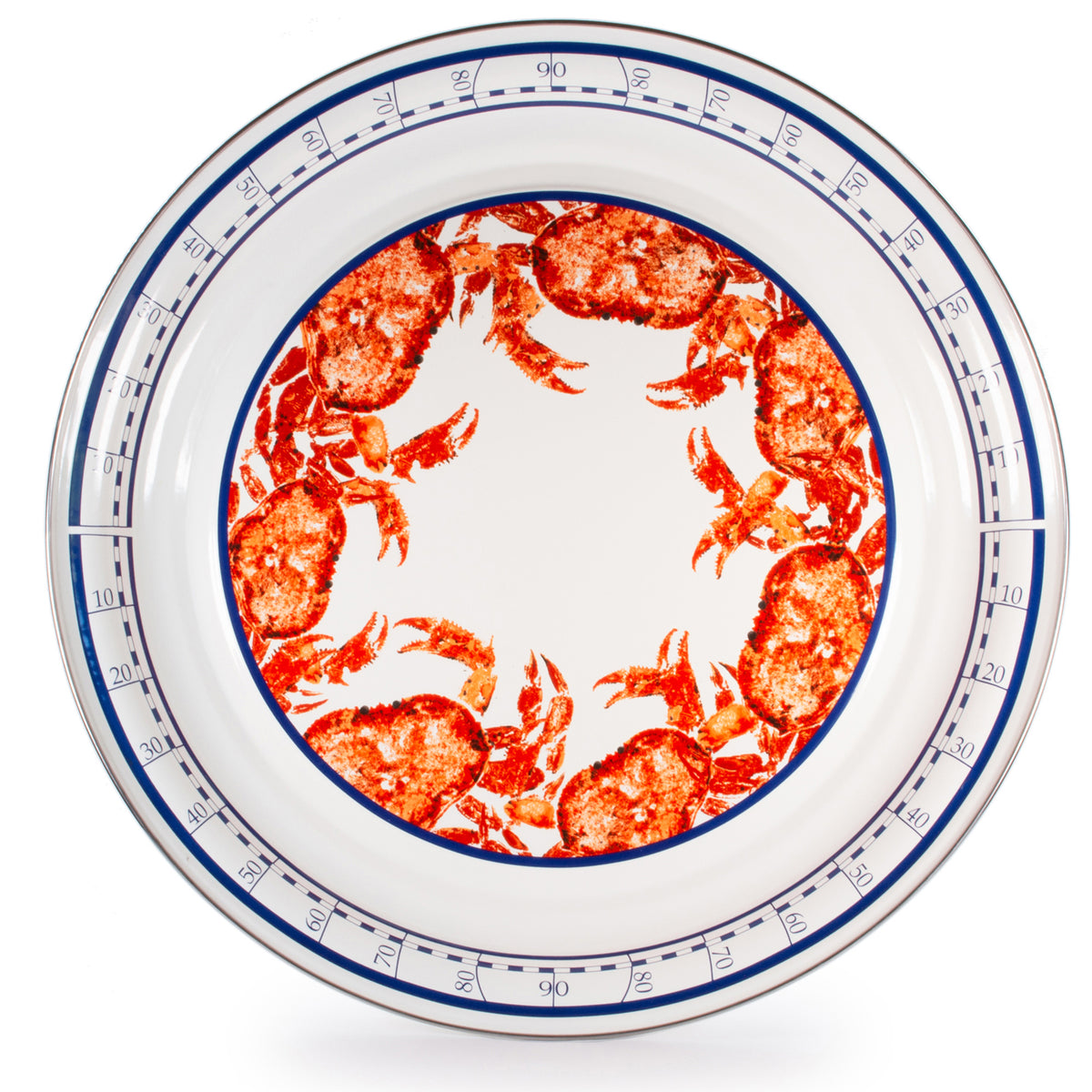 Top view of Large Tray in Oyster showcasing a red crab pattern and blue rim with nautical-style numbered markings
