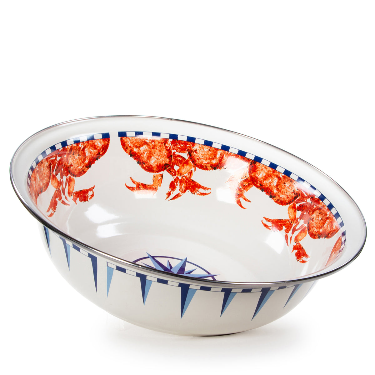 Close-up view of Serving Bowl in Oyster showcasing lobster artwork and blue geometric trim on a white background