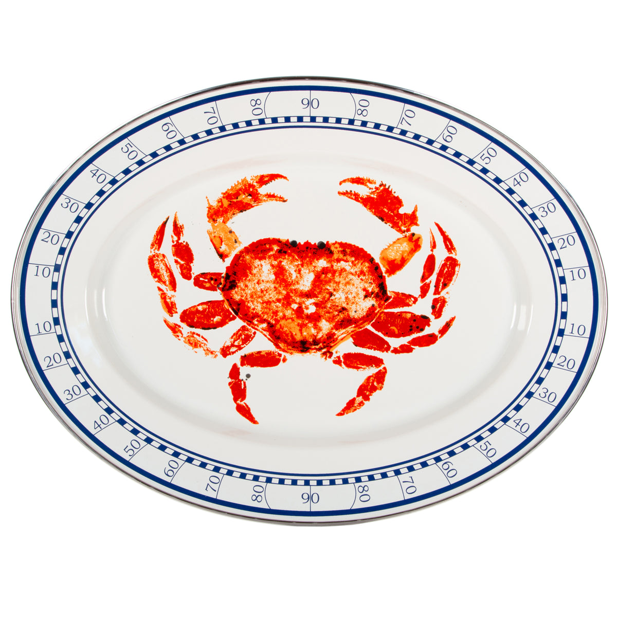 Top view of Oval Platter in Crab House showcasing a red crab design and navy numbered border with a white background