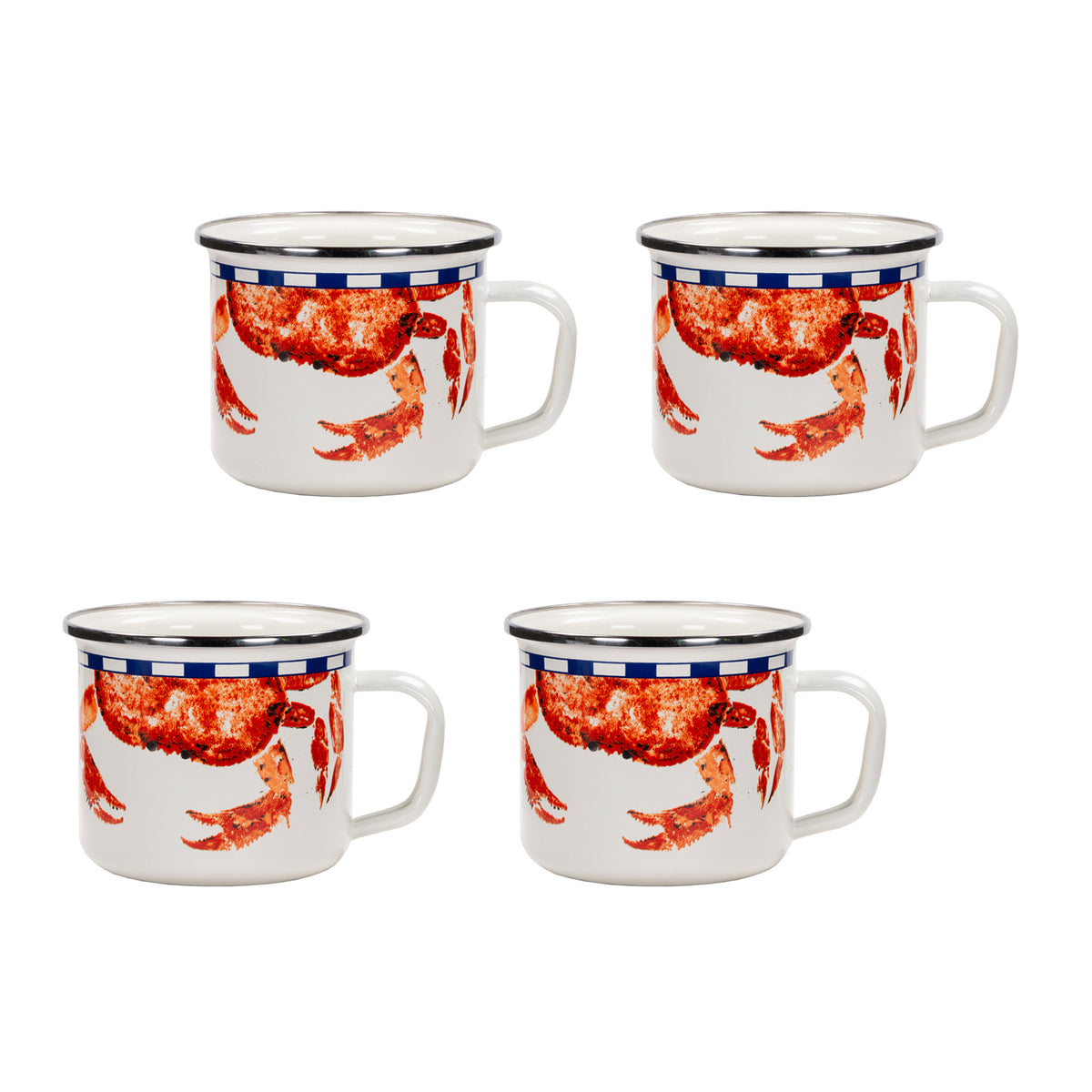 Front view of the Grande Mugs in Crab House set showing red crab designs and blue rims against a white background