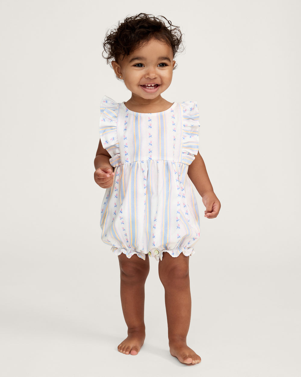 Baby's Twill Ruffled Romper in Cottage Stripe