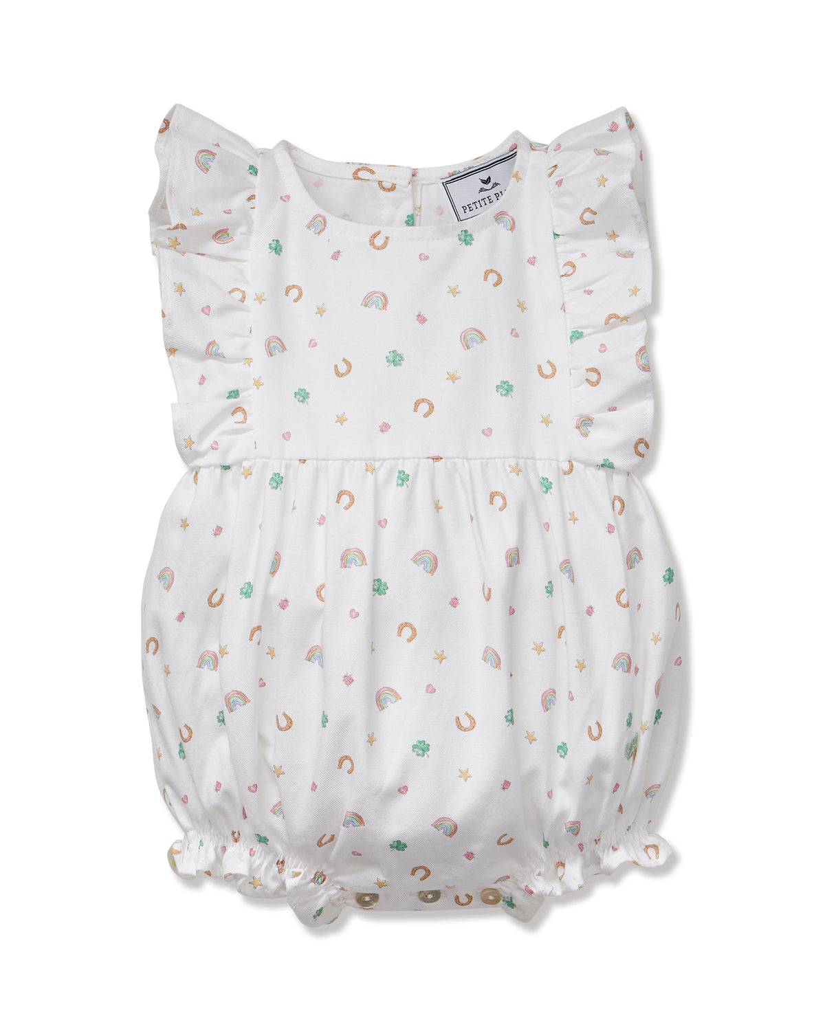 Baby’s Twill Ruffled Romper in Good Luck Charms