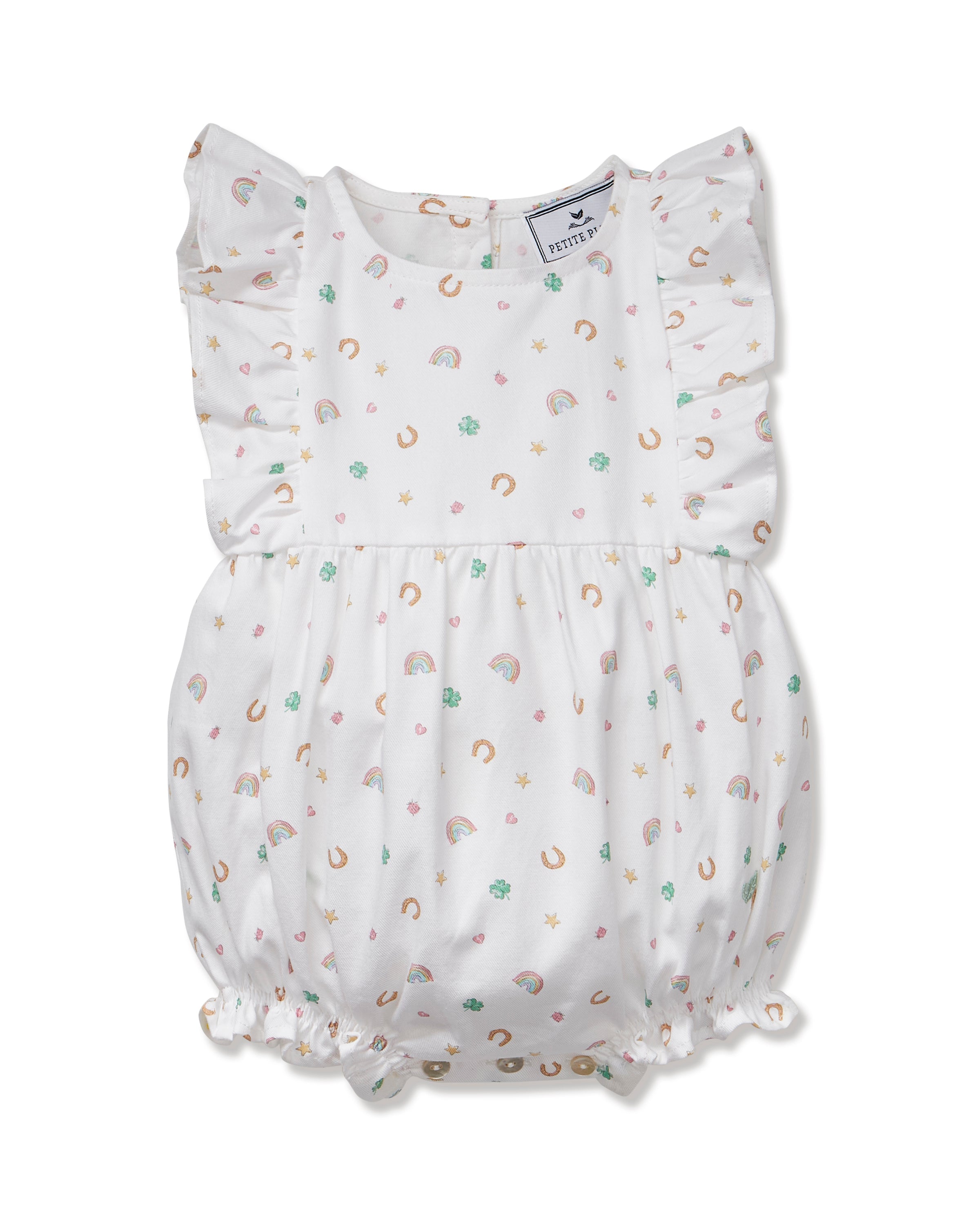 Baby’s Twill Ruffled Romper in Good Luck Charms