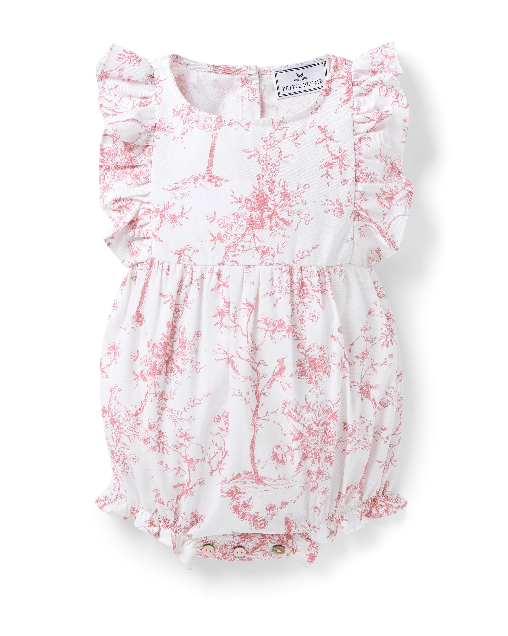 Baby's Twill Ruffled Romper in Pink Timeless Toile