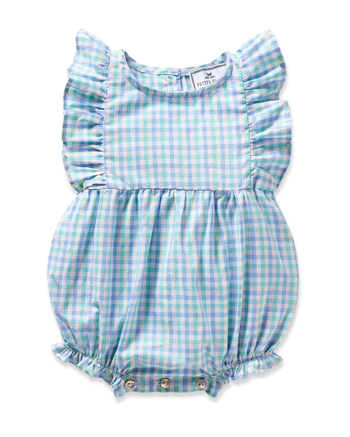 The Babys Twill Ruffled Romper in Spring Gingham by Petite Plume is a sleeveless baby romper with ruffled shoulders and a blue and green gingham print. It features a gathered waist and button closures at the bottom, adding luxury to any babys sleepwear collection.