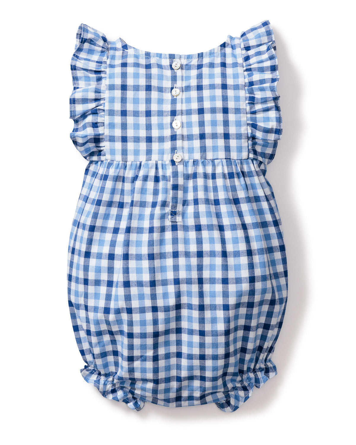 The Petite Plume Babys Twill Ruffled Romper in Royal Blue Gingham features charming ruffled sleeves, a round neckline, and a button-up back with five white buttons for easy dressing. Elastic leg openings provide comfort, and the brushed fabric adds extra softness.