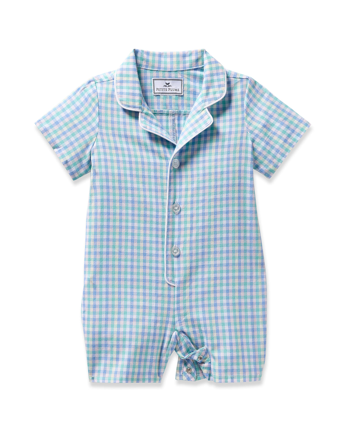 The Babys Twill Romper in Spring Gingham by Petite Plume is crafted from soft, yarn-dyed cotton in a charming light blue, green, and white gingham pattern. It features a collar, button-down front, and short legs for comfortable baby wear.