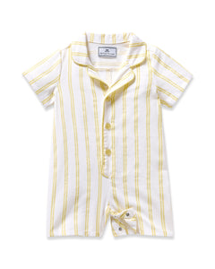 The Babys Twill Summer Romper in Sunny Stripe by Petite Plume is made from yarn-dyed cotton, combining white fabric and yellow stripes. It has short sleeves, a collar, three front buttons, and an extra button at the bottom for convenience.