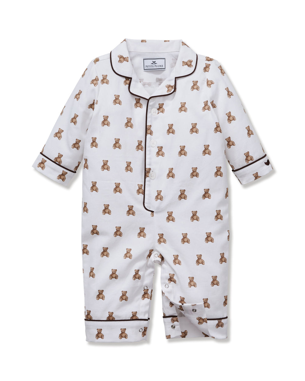 Front view of baby twill romper with brown teddy-print, brown piped trim, button front and snap leg openings on white background