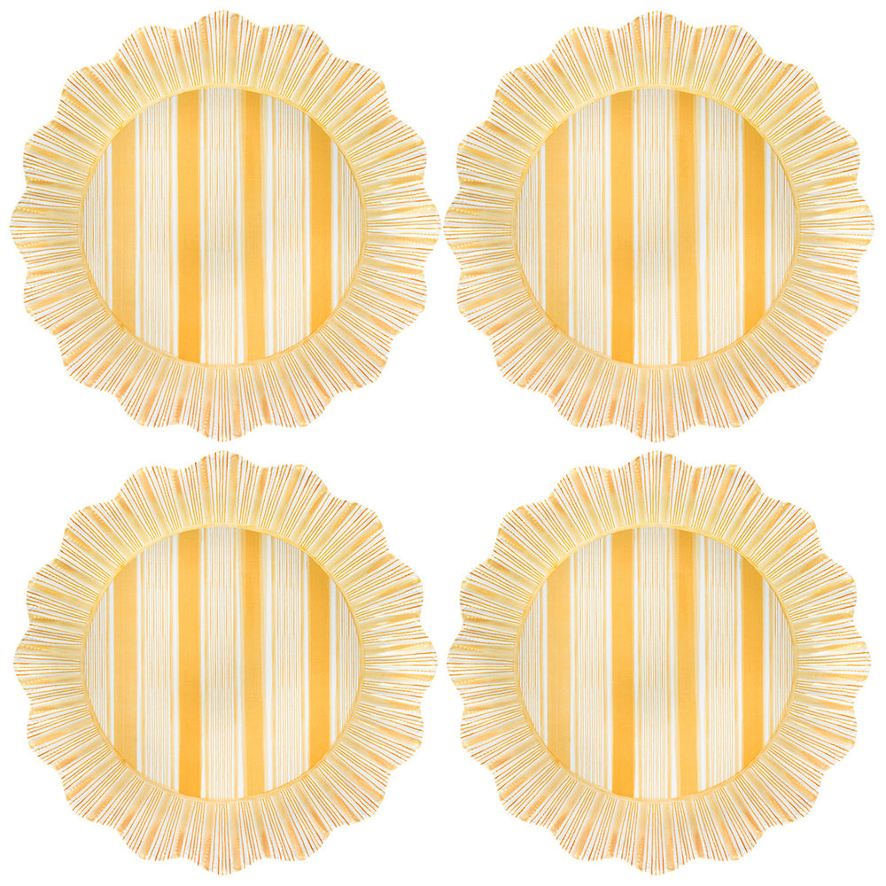 Top view of four Cabana Stripe Melamine Dinner Plates in Sunshine showcasing yellow cabana stripes and ruffled trim on a white background