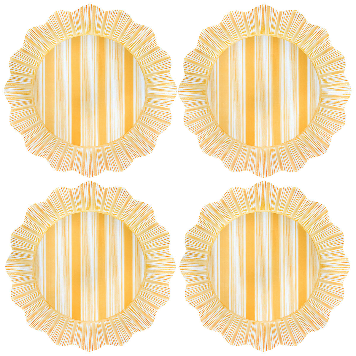 Top view of four Cabana Stripe Melamine Dinner Plates in Sunshine showcasing yellow cabana stripes and ruffled trim on a white background