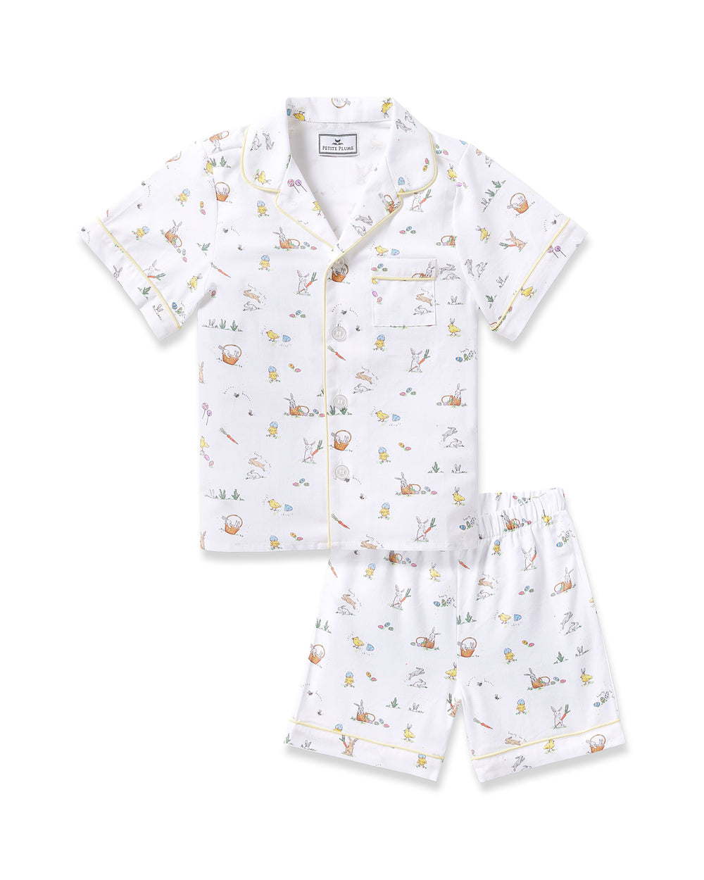 Front view of Kid’s Twill Short Set in Easter Frolic showcasing white Easter-print shirt and shorts with yellow piping