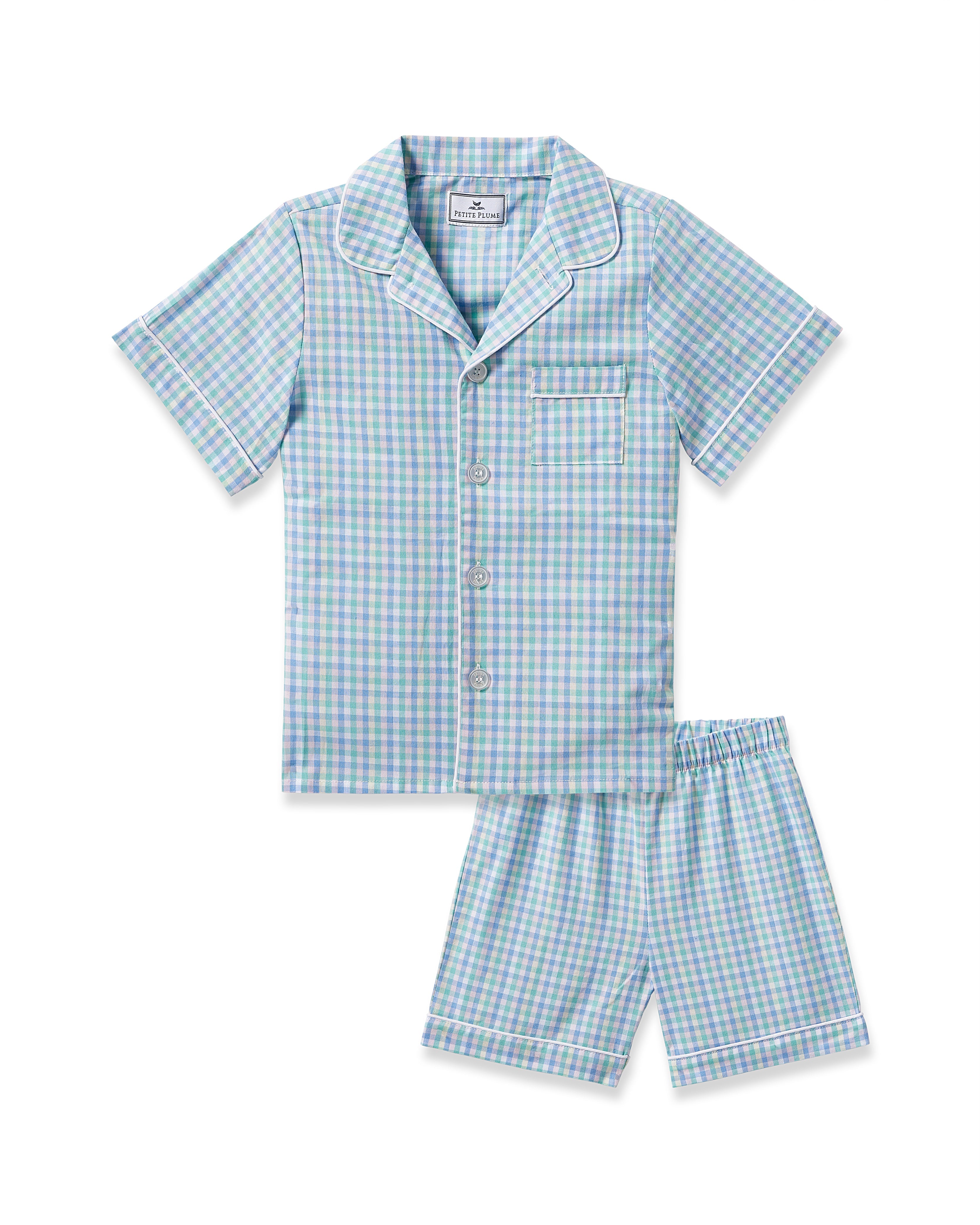 Petite Plumes Kids Twill Short Set in Spring Gingham includes a short-sleeve button-up shirt and matching shorts, crafted from luxurious cotton with a blue and green gingham print, white piping on edges, and a chest pocket.