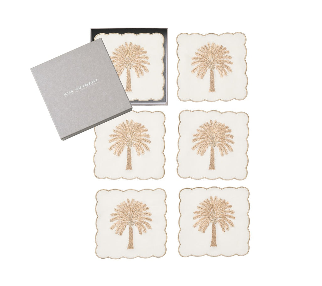Date Palm Cocktail Napkins in White, Brown & Gold, Set of 6