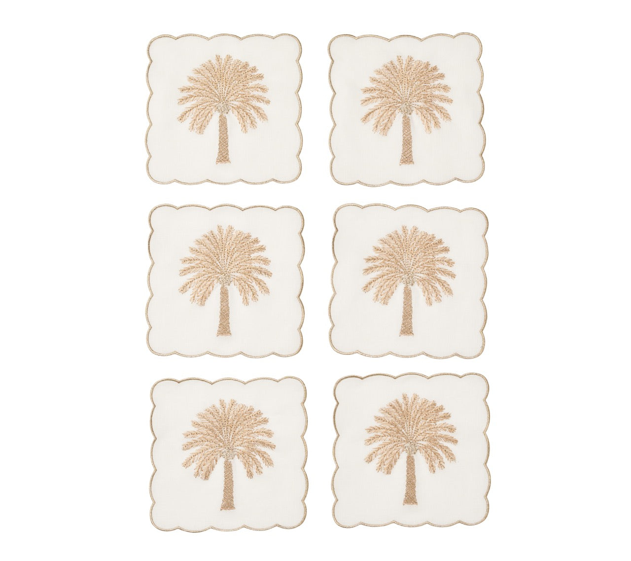 Date Palm Cocktail Napkins in White, Brown & Gold, Set of 6