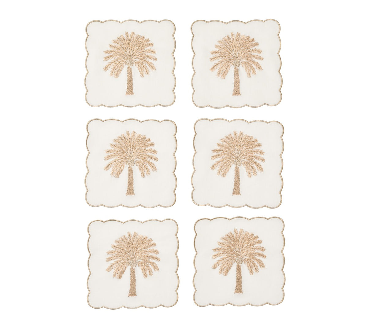 Date Palm Cocktail Napkins in White, Brown & Gold, Set of 6