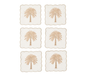 Date Palm Cocktail Napkins in White, Brown & Gold, Set of 6