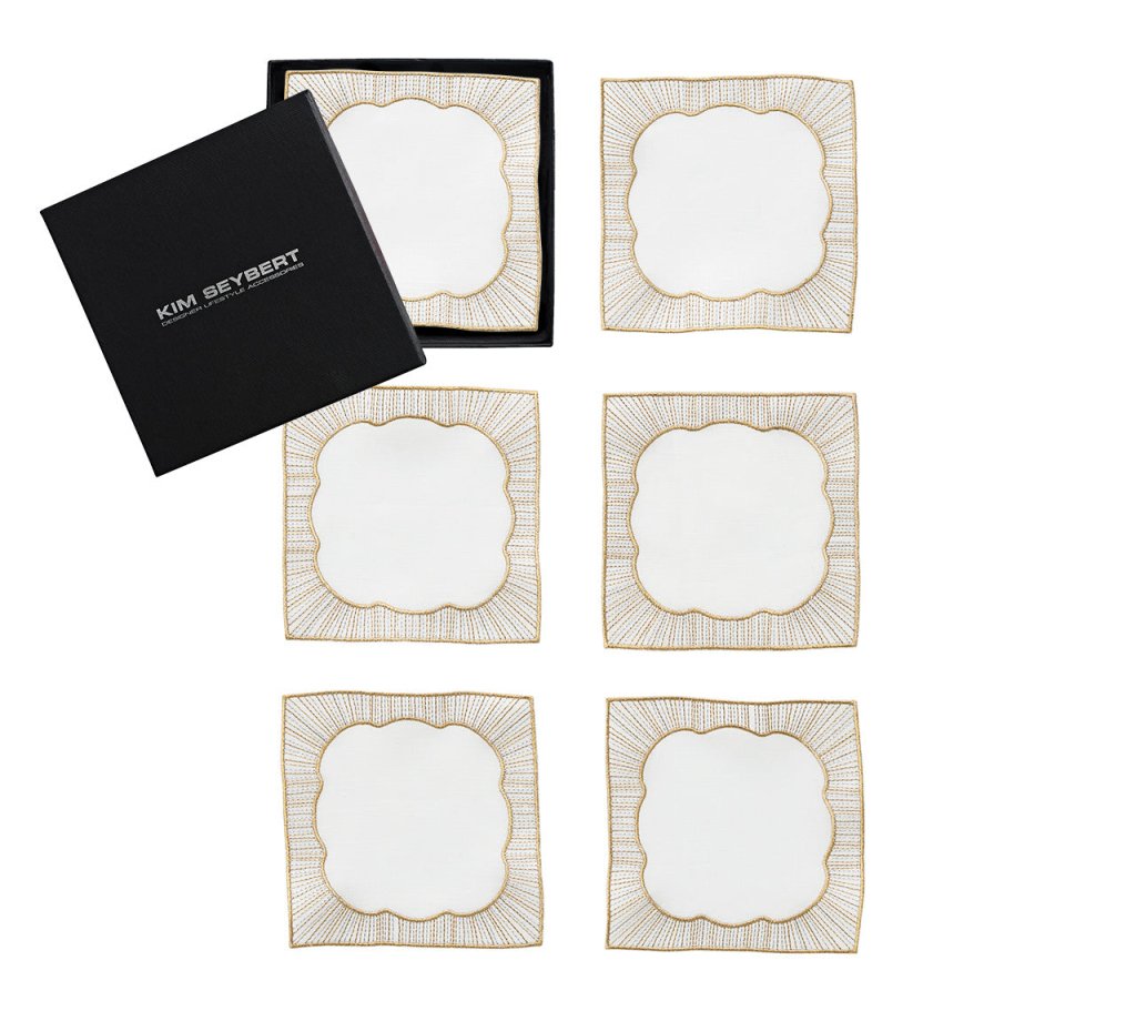 Kim Seybert, Inc.Frame Cocktail Napkins in White, Gold & Silver, Set of 6 in a Gift BoxCocktail Napkins