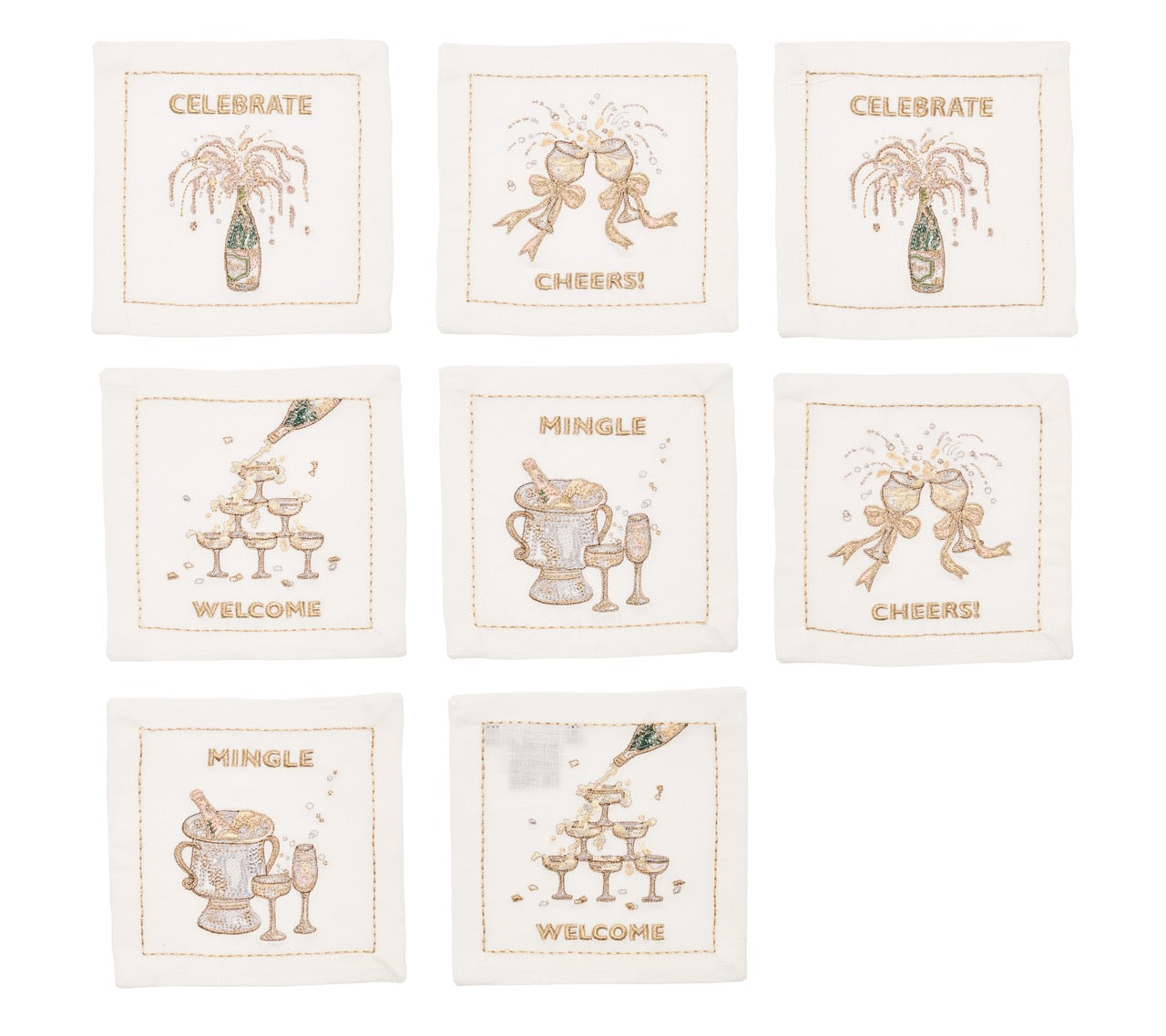 Cheers Cocktail Napkin in White, Gold & Silver, Set of 8