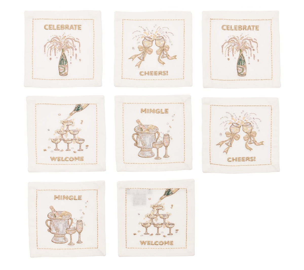 Flat lay of eight white linen Cheers napkins with gold and silver embroidery reading Cheers, Celebrate, Mingle, and Welcome
