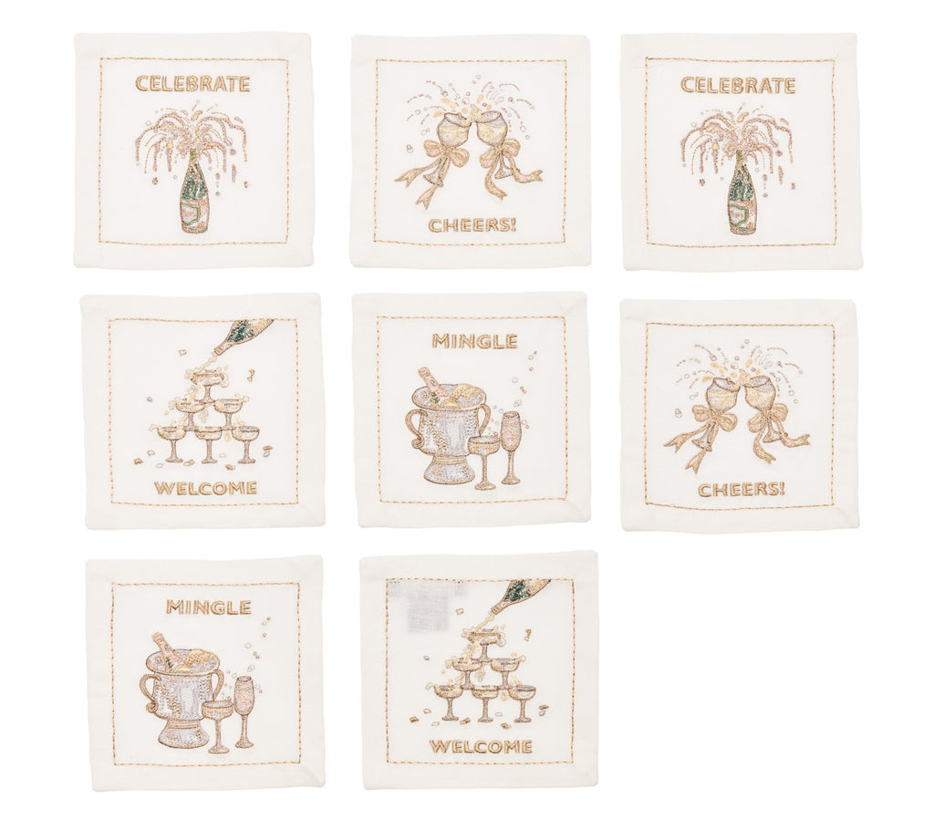 Cheers Cocktail Napkin in White, Gold & Silver, Set of 8