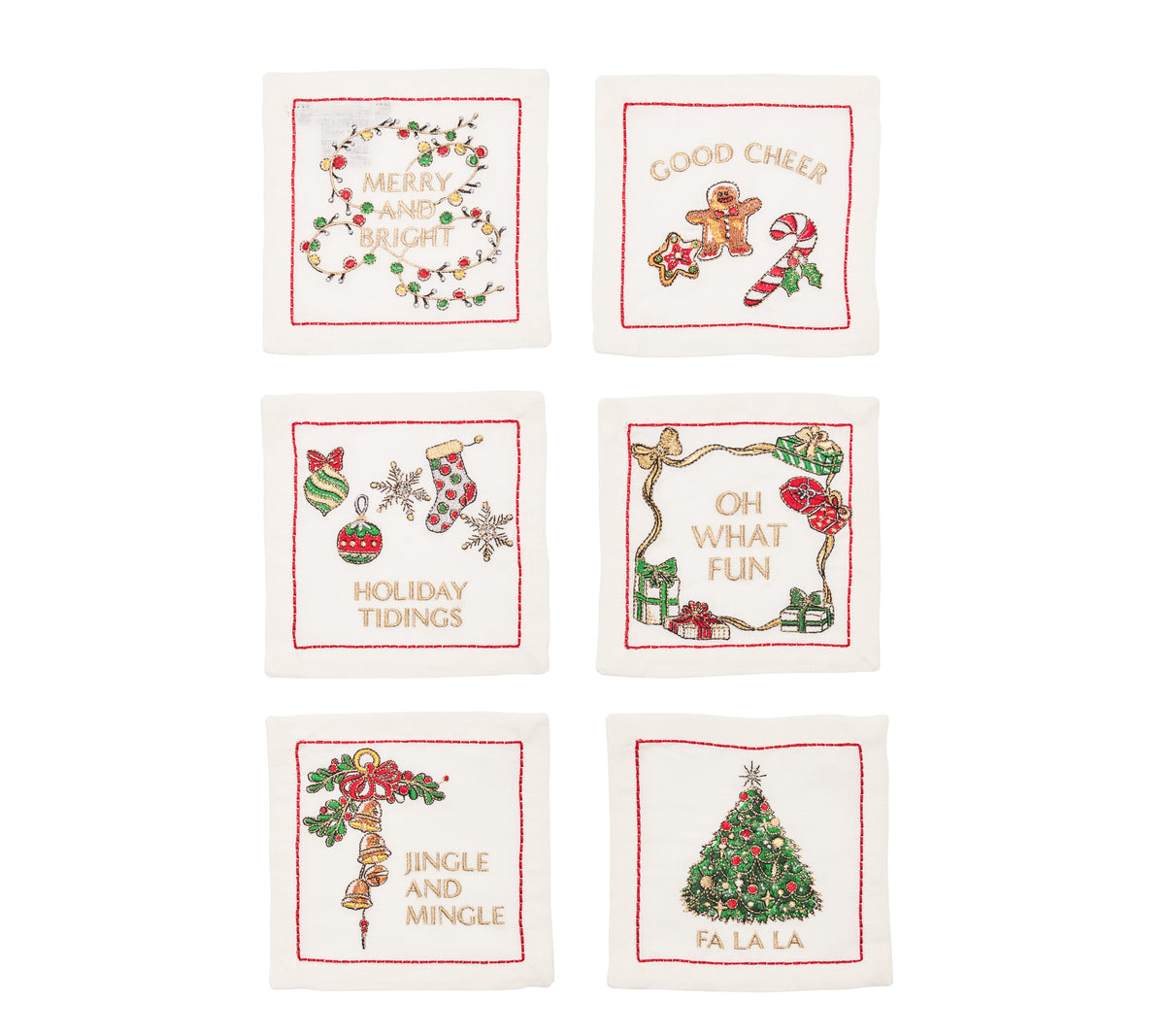 Front view of Merry and Bright cocktail napkins showcasing six festive embroidered greetings and red borders on white linen