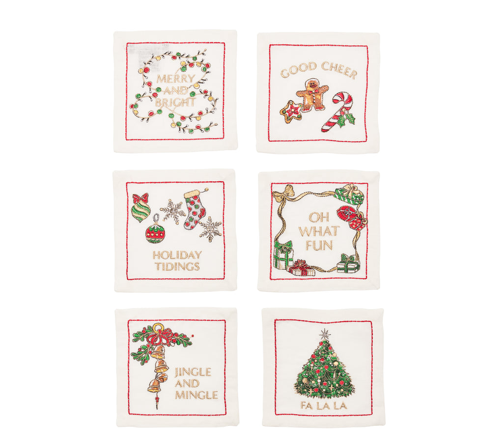 Merry and Bright Cocktail Napkin in White, Red & Green, Set of 6